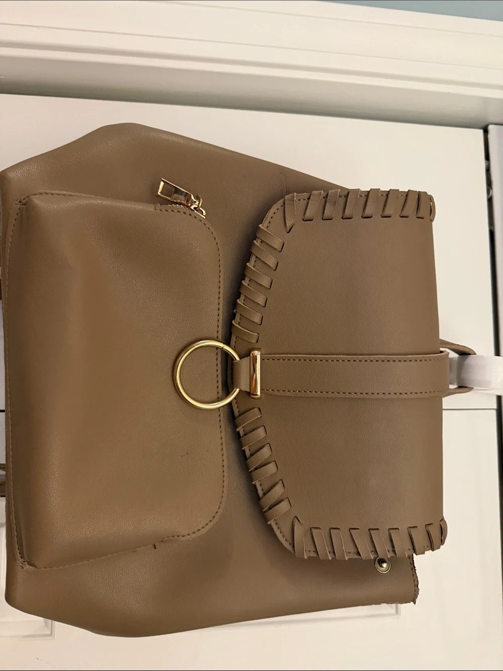 Taupe Women's Backpack with Gold Ring Accent by